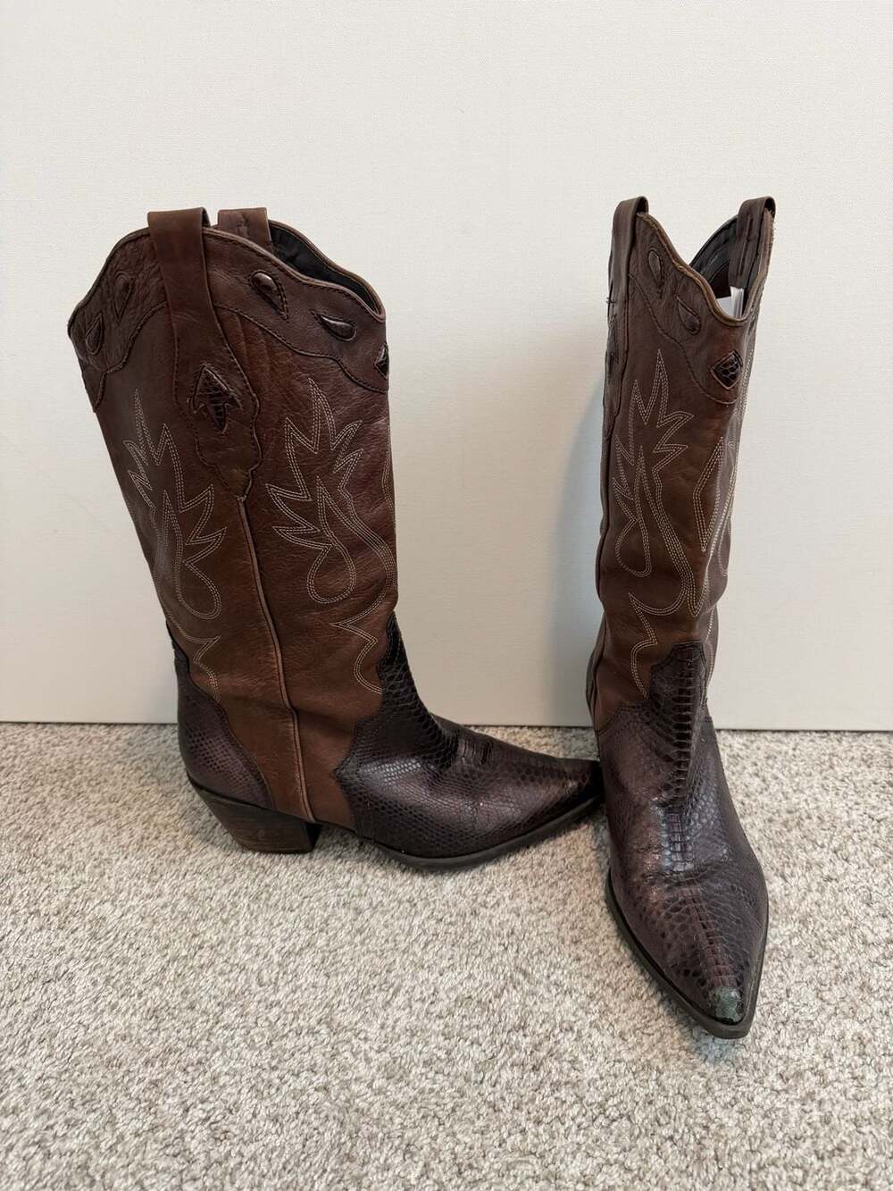 Cory Brown Leather and Scaled-Textured Western Boots with Embroidery